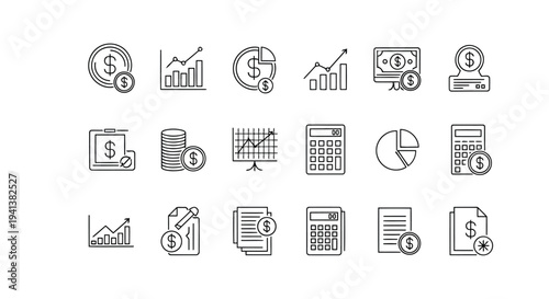Collection of icons representing various financial and business analytics concepts