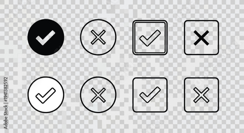Set of four different checkmark and cross icons in black and white