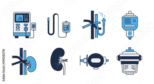 Set of eight blue and dark blue icons related to kidney function and dialysis