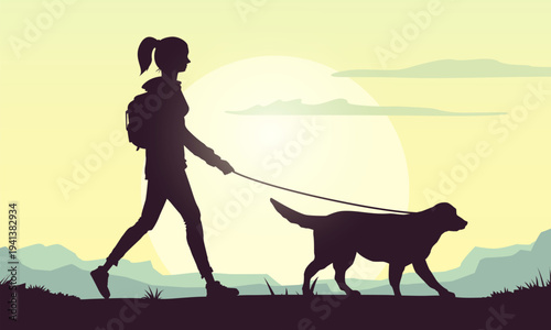 Women Or Girl With Backpack Walk The Dog In The Park. Outdoor Hiking Or Travel Concept