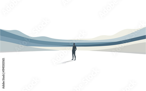 Hiker walking on snowy mountain ridge with blue sky and clouds