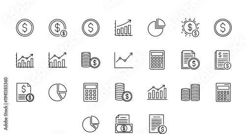 Collection of icons representing various financial and business analytics concepts