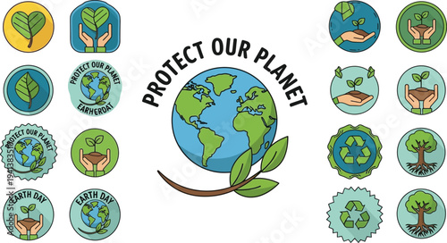 Protect Our Planet Earth Day Badges Vector Illustration for Environmental Awareness