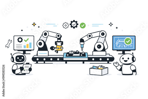 Automated manufacturing process. Friendly illustration of robots assembling components while monitoring screens display progress, focus on precision and