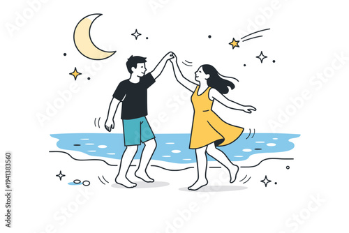 Beach dance at night. A couple dancing barefoot near a simplified shoreline, moon and stars reflected as small abstract shapes around them. Calm, carefree mood