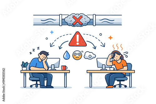 Ventilation system failure illustrated by blocked air ducts above desks, communicating poor circulation, concentration loss, and physical discomfort.