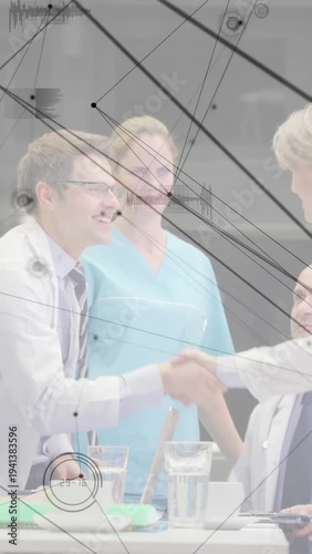 Vertical video: Clinic team shaking hands standing doctor reaching table nurse joining HUD showing