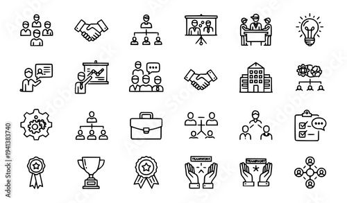 Teamwork Collaboration Glyph Solid Icons with Business Organization and Management Symbols Vector
