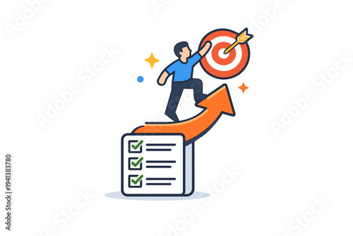 Employee motivation and productivity positive workplace energy symbolized by a rising arrow growing from a checklist, with a confident character reaching a