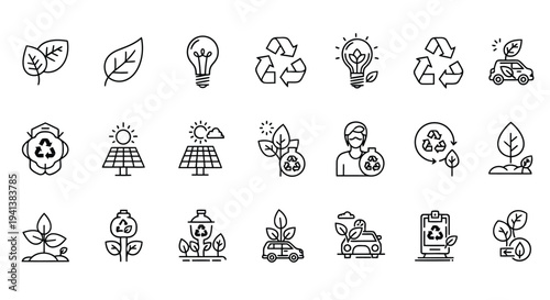 Collection of icons representing various eco-friendly and sustainable practices and concepts