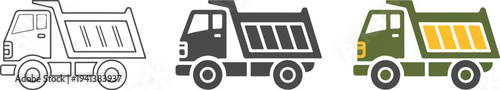 Minimalist dump truck icon set with outline, gray, and olive green designs showing side profile, raised hydraulic bed, and construction vehicle