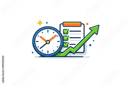 Time management skills a clean clock integrated with a checklist and upward trend line, symbolizing organized workflow and consistent output. A concise