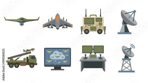 Military Surveillance Icons – Drones, Satellites, and Command Systems