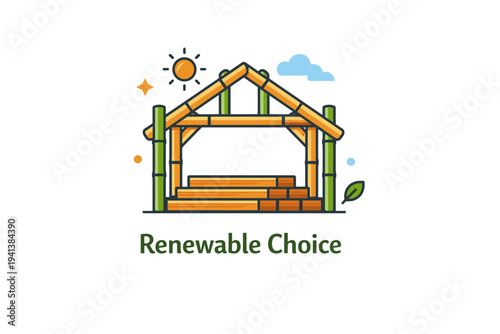 Bamboo and renewable timber construction simple structural frame built from bamboo poles and certified timber boards arranged as a clean architectural badge