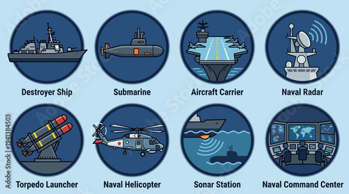 Naval Defense Icons – Ships, Submarines, and Command Systems