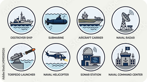 Naval Defense Icons – Ships, Submarines, and Command Systems