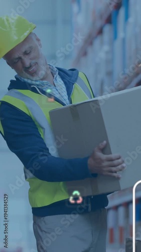 Vertical video: Picker getting box from high shelf for order, rubbing back as AR eco icons showing