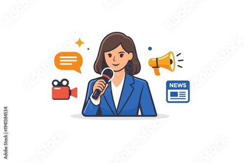 PR manager media mic represented through a confident professional speaking into a microphone with simple media symbols nearby, conveying public communication,
