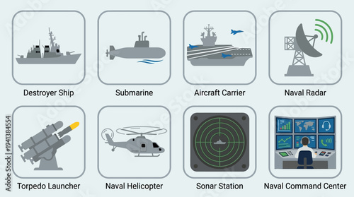 Naval Defense Icons – Ships, Submarines, and Command Systems