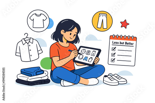 Capsule Wardrobe Planning. Person sitting on the floor surrounded by a small curated selection of clothing pieces, sketching outfit combinations on a tablet.