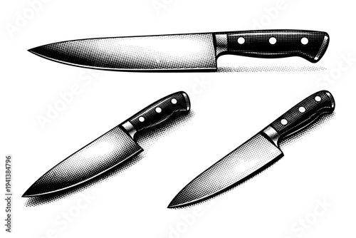 Chef?s knife presented as a single object shown in three views: side profile, angled perspective, and top-down view, emphasizing the broad blade, sharp edge,