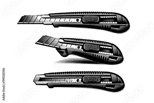Utility box cutter shown as a single object in three orientations: extended blade side view, angled perspective, and retracted blade position, highlighting the