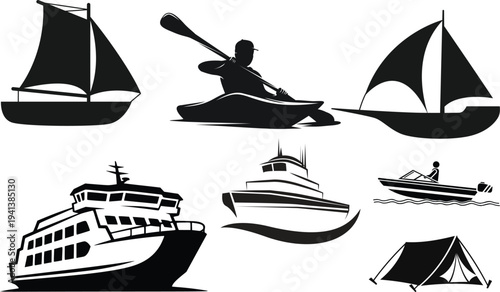 Boating and marine solid icon set. Nautical, yacht, sea, and watercraft icons collection. Vector sailing and boat symbols. Anchor, helm, lighthouse, lifebuoy, sailboat.Boat and watercraft silhouette