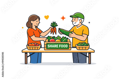 Community food sharing initiative neighbors exchanging surplus vegetables over a simple table with a small crate labeled Share Food, symbolizing