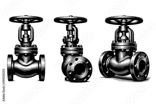 Globe valve A classic industrial globe valve with curved body and handwheel shown in front view, side angle, and three-quarter perspective to emphasize the