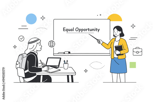 Access to education and work. A refugee attending a class with a laptop and notebook, teacher pointing at a simple board with ?Equal Opportunity? text. Calm