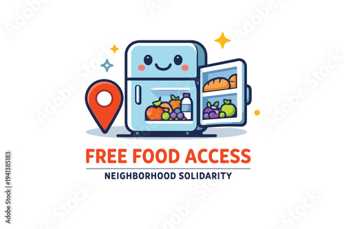 Community fridge project a friendly refrigerator with visible fruits and bread inside, accompanied by a small location pin and subtle sparkles to suggest