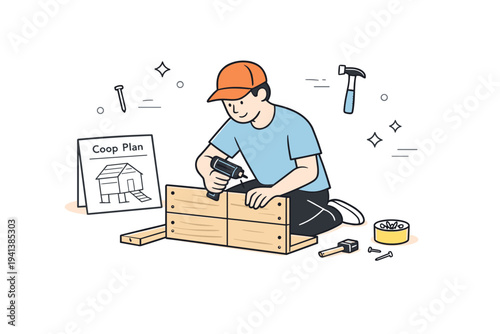 Building a DIY Chicken Coop. A person assembling wooden panels with simple tools while referencing a small blueprint labeled ?Coop Plan.? Calm focused work