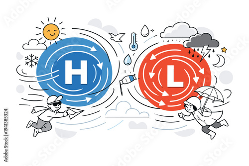 High and Low Pressure Systems. Two large circular pressure zones hover in the sky, with curved wind lines spiraling inward and outward to show movement. Small