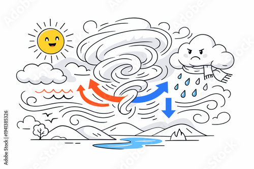How Weather Patterns Are Formed. Warm and cold air masses collide above a simplified landscape, creating swirling cloud shapes and flowing wind lines. Sun,
