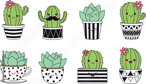 Cute cactus and succulent plants vector set in decorative pots cartoon houseplant illustration collection