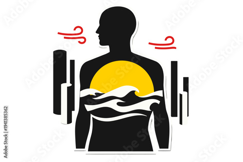 Black and white human silhouette with the torso replaced by ocean waves and a rising sun, waves simplified into flat graphic shapes, large yellow semicircle