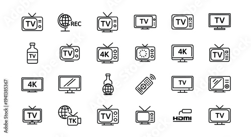 Collection of various television and media device icons in black and white