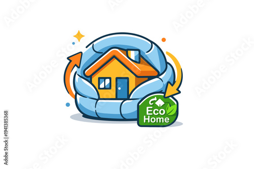 Energy efficiency audit focused on insulation compact house icon wrapped in a protective thermal layer with arrows circulating to show retained warmth, paired