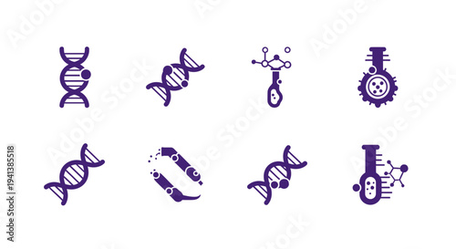 Eight purple and pink icons related to genetics and chemistry on a white background
