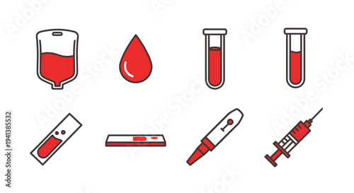 Eight redfilled medical icons arranged in two rows on a white background