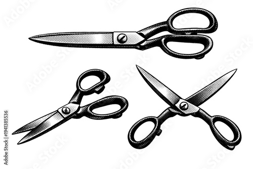 Tailor?s shears presented as a single object shown in three views: closed side profile, slightly open angled perspective, and fully open top view, emphasizing
