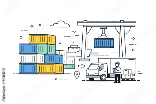 Port and warehouse operations. Containers stacked neatly in a port or warehouse setting with gentle activity lines. The illustration highlights