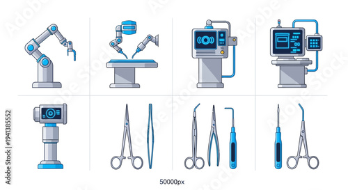 Eight icons depicting robotic surgery arms monitoring stations and surgical instruments