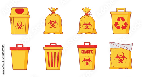Eight yellow and red icons of medical waste containers and bags