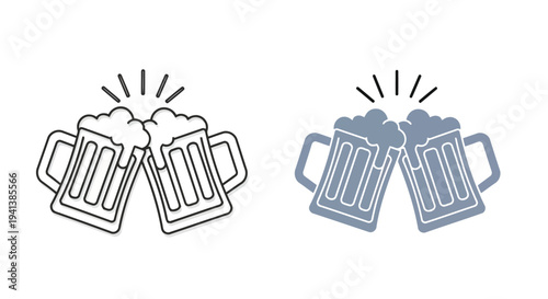 Two mugs clinking in a celebratory toast with frothy beer tops