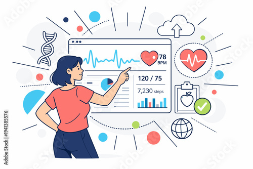 AI-driven health data and biometrics. Person interacting with a smart health dashboard showing heart rate waves and personalized metrics, abstract circles and