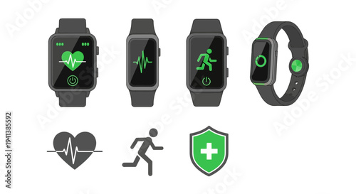 Four wearable fitness trackers and four corresponding icons displayed on white background