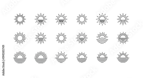 Collection of diverse weather icons depicting sun, rain, and storm conditions