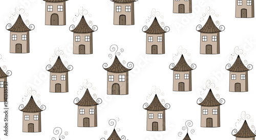 Whimsical seamless pattern of small brown houses with pointed roofs and spiral smoke coming from chimneys on a clean white background for kids art.