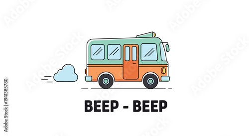 Small colorful cartoon bus traveling along the road with a puff of smoke and the text beep beep on a white background.